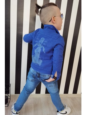 Riccotarz Erkek Çocuk Motor Baskılı Tişört Önü Düğmeli Ceket Mavi Kot Alt Üst Takım 3-12 Yaş