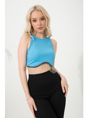 ARV Moda Kadın Bisiklet Yaka Önü Zincirli Crop Bluz