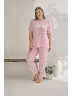 Estiva 23182 Kadın Miami Kısa Kollu Büyük Beden Yazlık Viskon Pijama Takımı