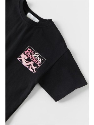 Mojo Bebek Mojo Kız Çocuk Pembe Panter Desenli Kısa Kol T-Shirt 1746 Siyah