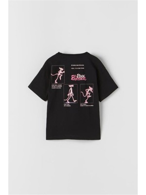 Mojo Bebek Mojo Kız Çocuk Pembe Panter Desenli Kısa Kol T-Shirt 1746 Siyah