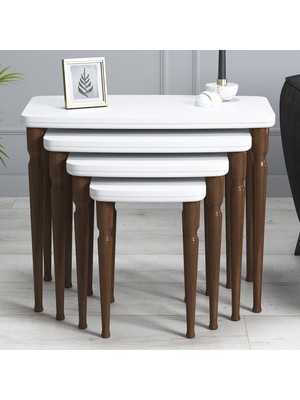 Hoopsii Imaj Mdf ve Lake Boya, Beyaz 4lü Zigon Sehpa Takımı, Ceviz Ayak