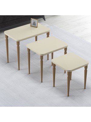 Hoopsii Imaj Mdf ve Lake Boya, Krem 3lü Zigon Sehpa Takımı, Ceviz Ayak