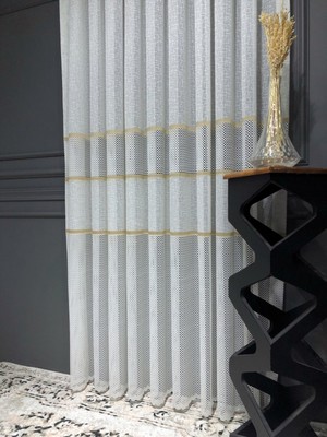 Evdepo Home Taç Aplik Örme Kullanıma Hazır 1/2,5 Normal Pile Tül Perde Tek Kanat - Ekru 100 x 250 cm
