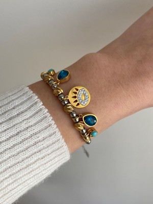 Owentis Çelik Silver ve Gold Mix Taşlı Pandora Bileklik -Kararma Yapmaz-