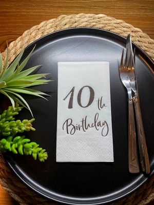 Kidspartim Gümüş Yaldızlı Beyaz On Yaş Bırthday Garson Katlama Peçete 16 Lı