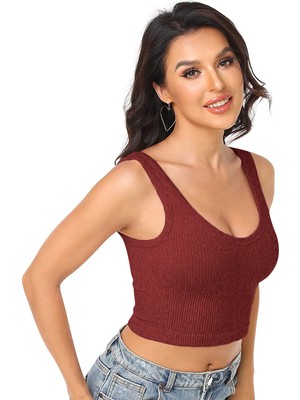 Liona Kadın U Yaka Melanj Bordo Renk Crop Top Bluz Atlet