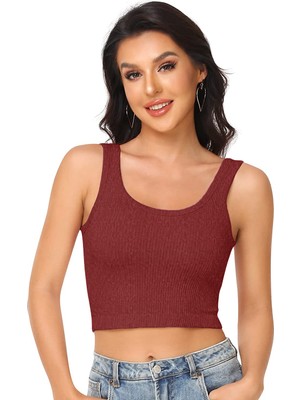 Liona Kadın U Yaka Melanj Bordo Renk Crop Top Bluz Atlet