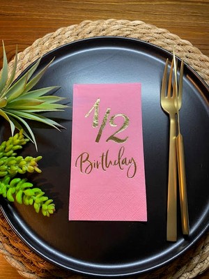 Kidspartim Gold Yaldızlı Pembe Yarım Yaş Bırthday Garson Katlama Peçete 16 Lı