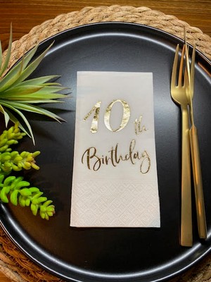 Kidspartim Gold Yaldızlı Beyaz On Yaş Bırthday Garson Katlama Peçete 16 Lı