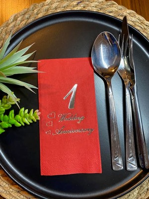 Kidspartim Gümüş Yaldızlı Kırmızı Birinci Evlilik Yıldönümü Garson Katlama Peçete 16 Lı