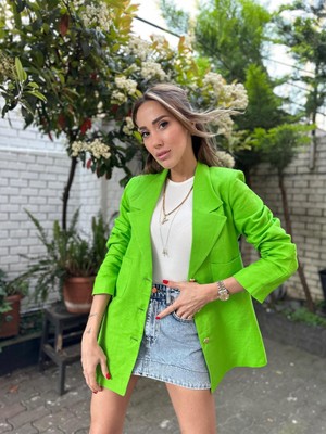 Maldia Shop Kadın Ham Keten Kumaş Cepli Blazer Yeşil Ceket