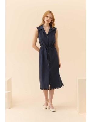 ROMAN Düğmeli Midi Boy Günlük Elbise Lacivert Y2311029_015