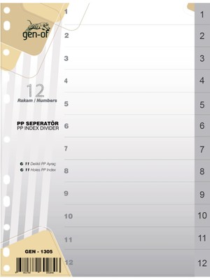 Gen-Of Ayraç Seperatör 1-12 Rakamlı 11 Delikli A4 PP Düzenleyici 12 Parça Şeffaf