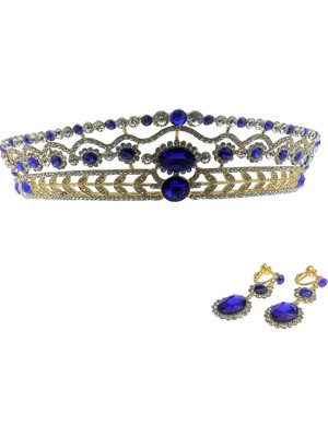 Bawei Gelin Mücevher Seti Crystal Tiara Head Band Küpe Düğün Aksesuar - Mavi (Yurt Dışından)