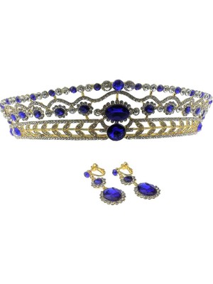 Bawei Gelin Mücevher Seti Crystal Tiara Head Band Küpe Düğün Aksesuar - Mavi (Yurt Dışından)