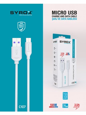 Syrox C107 Micro USB Hızlı Şarj ve Data Kablosu 1mt 3.0A 18W Beyaz