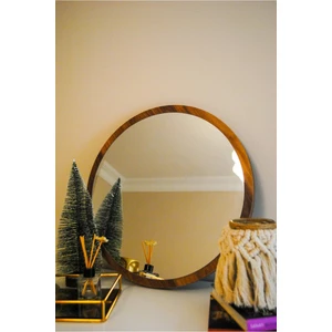 Klt Modüler Dekoratif Yuvarlak Ayna Ceviz 45 cm Banyo Salon Antre Hol Mutfak Duvar Ofis Banyo