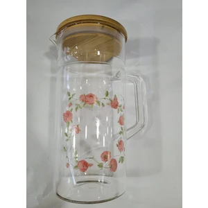 Es Dekor Ahşap Vakumlu Kapaklı Cam Kulplu Sürahi Tekli Garden Roses Küçük Pembe Kırmızı 700 ml