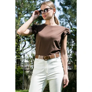 Pamuklu Kolları Fırfırlı Slim Fit Bisiklet Yaka T Shirt Bayan T Shirt 5864500