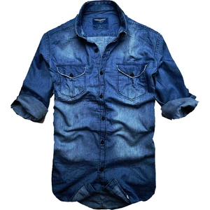 Gulf Bird Slim Fit Saf Pamuk Denim Kumaş Kot Gömlek- -Koyu Mavi--