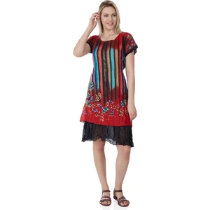 Eliş Şile Bezi Kısa Kol Vual Defne Midi Boy Yazlık Otantik Elbise Kırmızı 6091