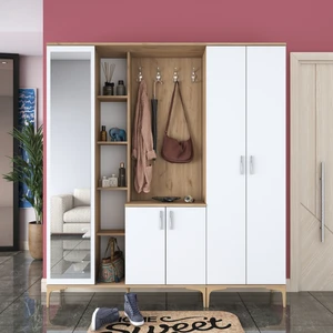 EA129 Portmanto Aynalı Askılı Vestiyer Ayakkabılık Sepet Ceviz - Beyaz