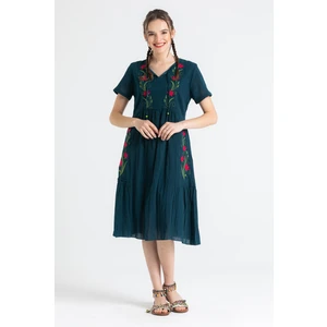 Eliş Şile Bezi Kısa Kol Şile Bezi Lalezar Nakışlı Midi Boy Yazlık Elbise Petrol Ptrl