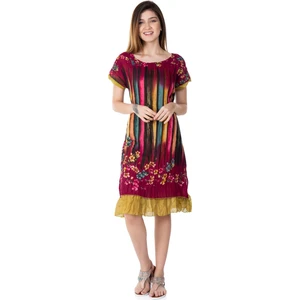 Eliş Şile Bezi Kısa Kol Vual Defne Midi Boy Yazlık Otantik Elbise Bordo 6092