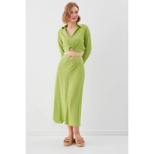 Beli Halka Detaylı Viskon Keten Midi Etek