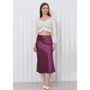 Kadın Beli Lastikli Midi Boy Saten Etek Mürdüm