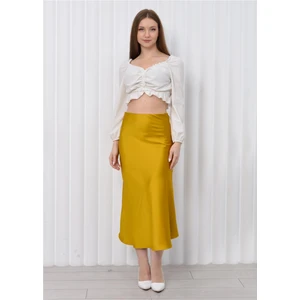 Kadın Beli Lastikli Midi Boy Saten Etek Hardal