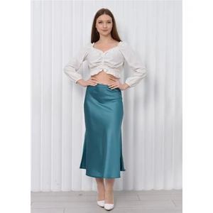 Kadın Beli Lastikli Midi Boy Saten Etek Petrol Mavisi