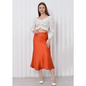 Kadın Beli Lastikli Midi Boy Saten Etek Kiremit