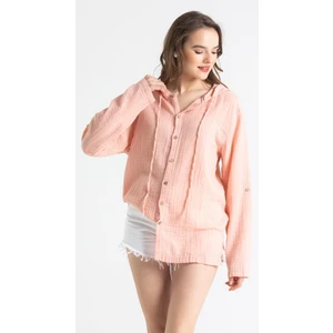 Uzun Kol Kapüşonlu Kadın Yazlık Müslin Sweatshirt Pudra Pdr