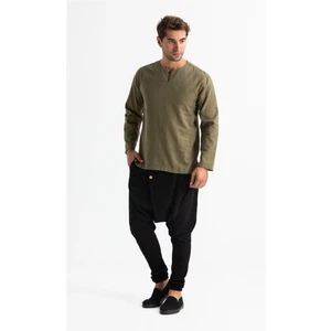 Eliş Şile Bezi Uzun Kol Şile Bezi Bisiklet Yaka Erkek Tshirt Haki 3049