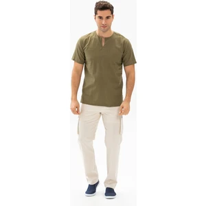 Eliş Şile Bezi Büyük Beden Kısa Kol Şile Bezi Bisiklet Yaka Erkek Tshirt Haki 3049
