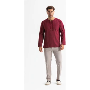 Büyük Beden Şile Bezi Uzun Kol Zımbalı Erkek Yazlık Tshirt Koyu Bordo 3068