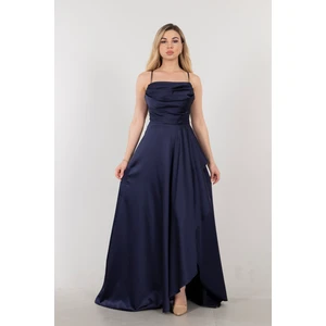 Lacivert Yırtmaç Detaylı Saten Abiye Elbise  4522348.02