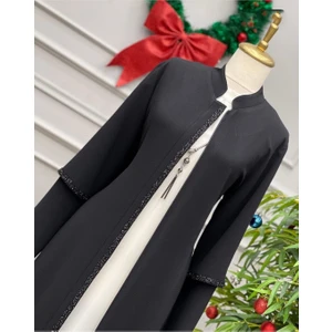 Sar Moda 4001 Önü ve Kolları Taşlı Sıfır Yaka Boydan Ferace Qys 4001 #23-01#