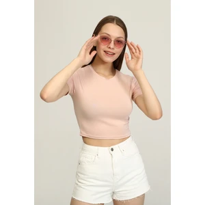 Mat Collection Kadın Pudra Bisiklet Yaka Basic Crop T-Shirt