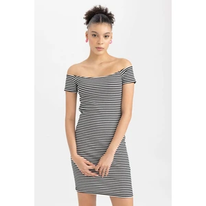 Bodycon Kayık Yaka Fitilli Kaşkorse Mini Kısa Kollu Elbise A7363AX23SM