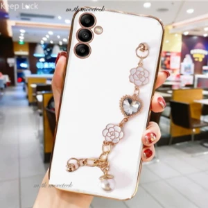 M.TK Moveteck Samsung Galaxy A24 Kılıf Kamera Korumalı Parlak Gold Kenar Kristal Taşlı Arkası Bileklikli Renkli