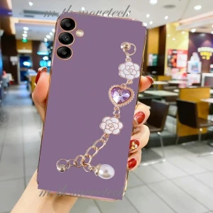 M.TK Moveteck Samsung Galaxy A24 Kılıf Kamera Korumalı Parlak Gold Kenar Kristal Taşlı Arkası Bileklikli Renkli