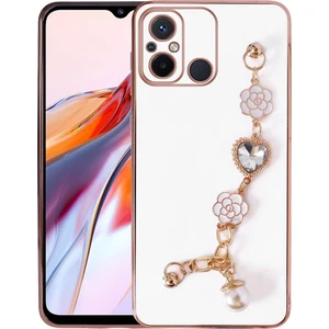 M.TK Moveteck Xiaomi Redmi 12C Uyumlu Kılıf Kamera Korumalı Parlak Gold Kenarlı Taşlı El Tutamaçlı Bilezikli Kalp