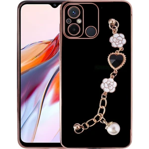 M.TK Moveteck Xiaomi Redmi 12C Uyumlu Kılıf Kamera Korumalı Parlak Gold Kenarlı Taşlı El Tutamaçlı Bilezikli Kalp