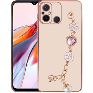 M.TK Moveteck Xiaomi Redmi 12C Uyumlu Kılıf Kamera Korumalı Parlak Gold Kenarlı Taşlı El Tutamaçlı Bilezikli Kalp