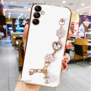 M.TK Moveteck Samsung Galaxy A54 5g Uyumlu Kılıf Kamera Korumalı Parlak Gold Kenar Kristal Taşlı Arkası Bileklikli Renkli