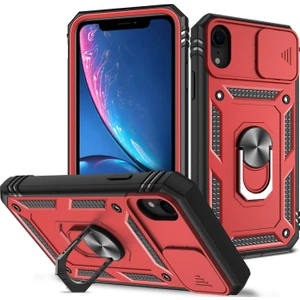 Apple iPhone Xr Için Kayar Lens Koruyucu Halka Standlı Telefon Kılıfı - Kırmızı (Yurt Dışından)
