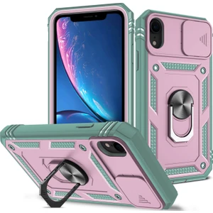 Apple iPhone Xr Için Kayar Lens Koruyucu Halka Standlı Telefon Kılıfı - Yeşil / Pembe (Yurt Dışından)